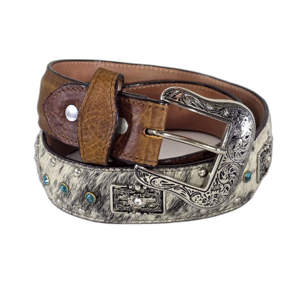 Tanner Mark Western Hair Hide Leather Belt Turquoise Concho Studded Men Women 34